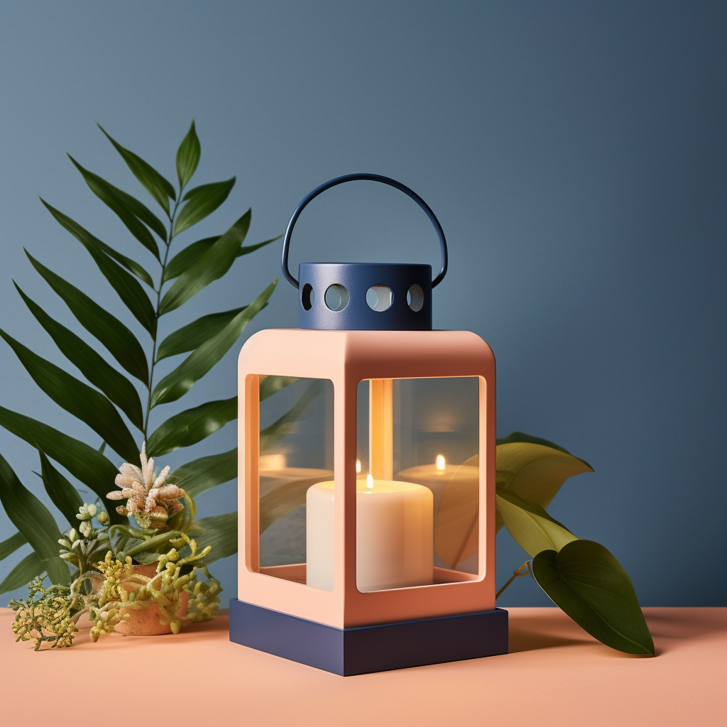 A coral-pink and navy garden lantern with clear glass panels, black handle, and lit white candle inside. It sits on a peach tabletop, surrounded by green plants, against a blue background.