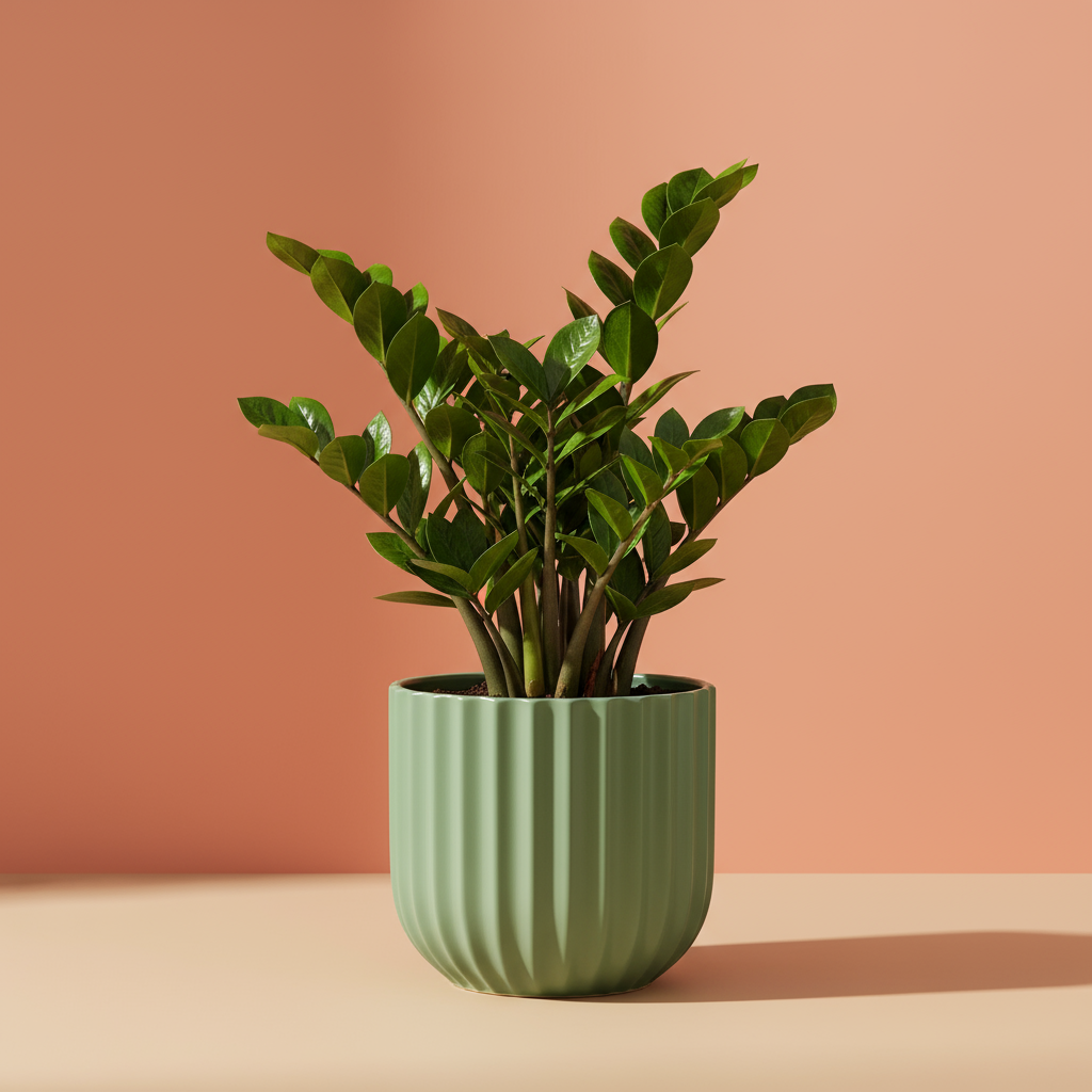 ZZ plant in sage green ribbed ceramic pot